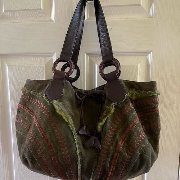 Maxx New York Handbags - Maxx New York Hobo satchel leather suede olive green brown strap & embro…
